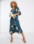 Liquorish satin wrap midi dress with puff sleeve in black floral