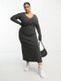 Фото #7 товара ASOS DESIGN Curve waffle twist front midi dress with long sleeve in dark grey