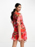 Фото #2 товара ASOS DESIGN wrap front chiffon mini dress with ruched side and peplum hem in pink floral