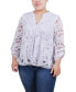 ფოტო #1 პროდუქტის Plus Size Long Sleeve Burnout Y-Neck Blouse