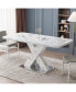 White marble dining table with X-shaped metal legs
