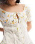 ASOS DESIGN mini dress with puff sleeve and lace waist in blue and lemon floral print