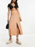 JDY wrap sarong ribbed midi skirt in camel