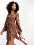 ASOS DESIGN fluffy v neck mini dress with tie waist and tie back detail in brown