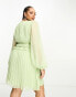 ASOS DESIGN Curve button through ruched waist pleated mini dress in metallic dobby in apple green