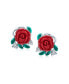 Romantic Delicate Floral Blooming Flower CZ Green CZ Leaf 3D carved Red Rose Stud Earrings For Women Teen .925 Sterling Silver