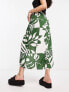Фото #2 товара ASOS DESIGN natural slub ruched side midi skirt in green tropical print