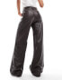 Фото #3 товара Pull&Bear faux leather high rise wide leg trouser in dark brown