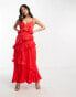 Фото #4 товара Flounce London Petite – Maxikleid in Rot mit durchgehendem Rüschenbesatz und Camisole-Trägern