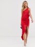 ASOS DESIGN satin one shoulder drape midi dress in red