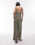 Topshop v neck button down knotted strap jumpsuit in khaki