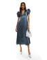 Фото #2 товара ASOS DESIGN satin v neck midi tea dress with puff sleeves in blue grey