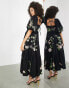 Фото #2 товара ASOS EDITION wild rose embroidered waisted puff sleeve midi dress in black