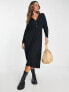 ASOS DESIGN waisted long sleeve midi tea dress with buttons in black