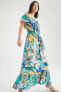 Фото #2 товара Платье женское длинное с открытыми плечами, с принтом цветов и оборками DeFacto Maxi Viskon