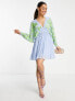 Фото #3 товара ASOS DESIGN Petite batwing pleated mini dress in blue with green embroidery