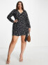 ASOS DESIGN Curve long sleeve collared wrap dress in black floral ditsy print