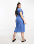 Vila Curve satin t-shirt midi dress with tie waist in blue