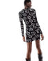 Фото #2 товара Monki long sleeve jersey scoop neck mini dress in scribble flower print