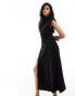 ASOS DESIGN linen high neck grown on sleeve midi dress with open back and button neck detail in black