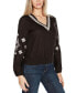 Фото #3 товара Black Label Women’s Embroidered Blouson Sleeve V-Neck Blouse Top