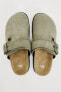 Split suede clogs with buckle