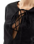 Фото #3 товара SNDYS bell sleeve mini dress with tie up front detail in black