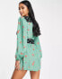 ASOS DESIGN Petite bubble crepe plunge neck playsuit with puff sleeve in mixed print