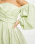 Фото #8 товара ASOS DESIGN Petite washed off shoulder balloon slv mini dress with wrap corset detail in sage green