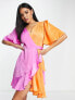 Фото #1 товара Flounce London satin flutter sleeve ruffle mini dress in contrast pink and orange