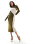 Style Cheat knitted colourblock midi dress in khaki and cream