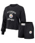 ფოტო #1 პროდუქტის Women's Black Distressed Pittsburgh Steelers Waffle Knit Long Sleeve T-shirt and Shorts Lounge Set