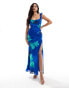 ASOS DESIGN raw edge frill maxi dress with tie back in bold blue floral print