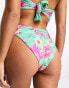 Brave Soul high waist belted bikini bottom in green and pink floral print