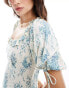 ASOS DESIGN frill neck puff sleeve mini dress in blue floral print