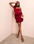 Фото #2 товара ASOS LUXE exaggerated 3D floral mesh one shoulder mini dress in dark red