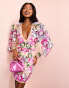 ASOS LUXE v-neck sheer mini dress with placement embellished flowers in pink floral