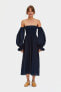 Sleeper Atlanta Linen Midi Dress in Navy Ballon Sleeves Off shoulder XXL 307012