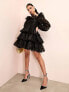 Фото #7 товара ASOS LUXE organza tiered polka dot mini dress with blousons sleeve and ruffle detail in black