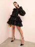 ASOS LUXE organza tiered polka dot mini dress with blousons sleeve and ruffle detail in black