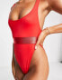 Фото #4 товара ASOS DESIGN high leg elastic swimsuit in red - RED