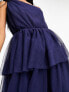 Y.A.S Bridesmaid one shoulder tulle maxi dress in navy blue