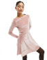 Фото #9 товара Miss Selfridge low back fit and flare velour mini dress with bow in dusty pink