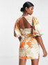 ASOS DESIGN exaggerated blouson sleeve mini dress with wrap waist in tropical palm print