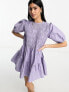 ASOS DESIGN cotton shirred mini smock dress with puff sleeve in lilac