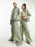 IIQUAL unisex shoulder detail utility jacket co-ord in sage