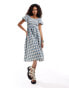 Daisy Street shirred top puff sleeve midi smock dress in blue check