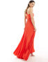 Mango one shoulder pleated maxi dress in red