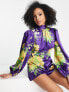 ASOS DESIGN satin puff sleeve playsuit in oversized wild flower print