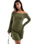 Pieces off the shoulder ribbed mini dress with lettuce edge detail in khaki